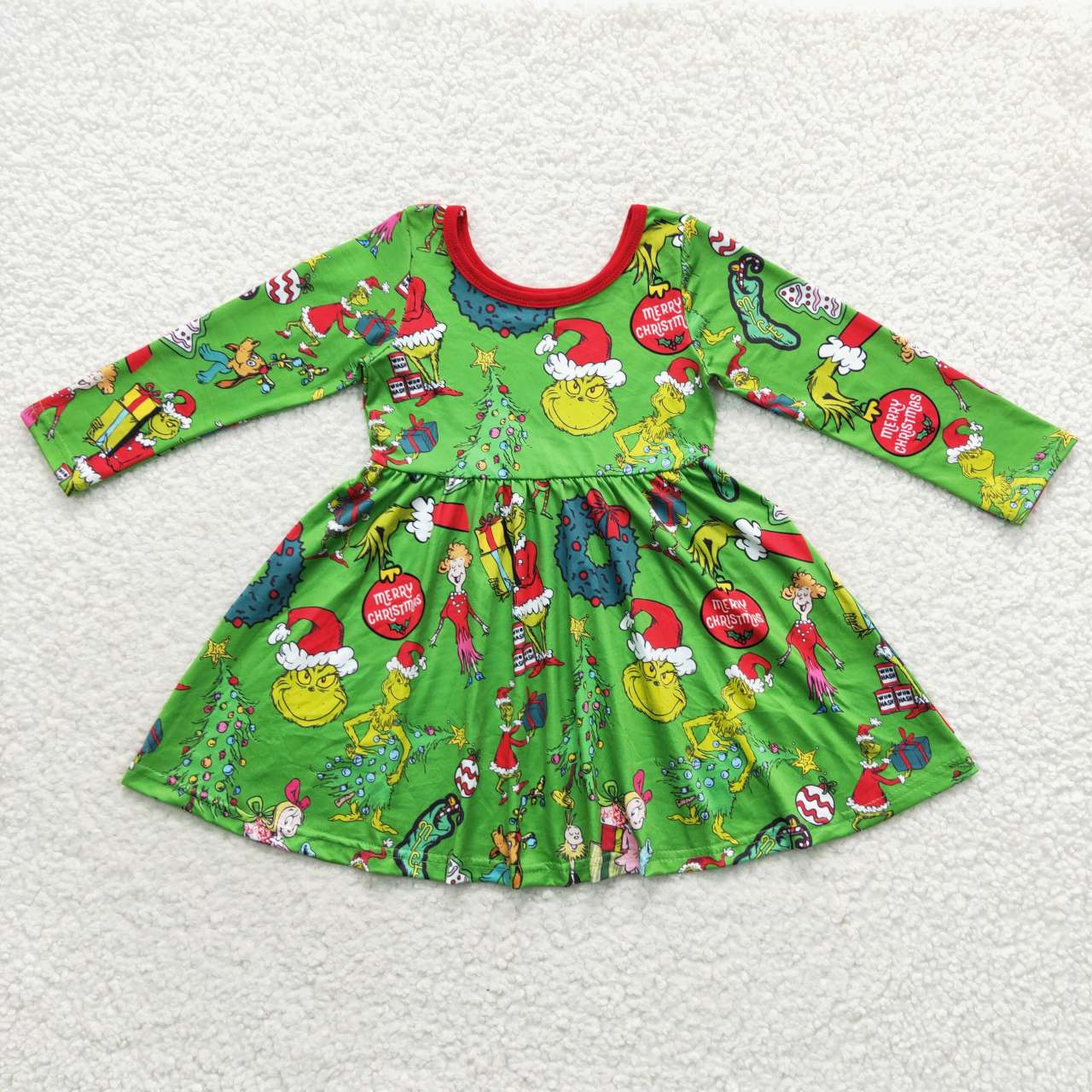 GLD0345 Christmas green face print knee length dress