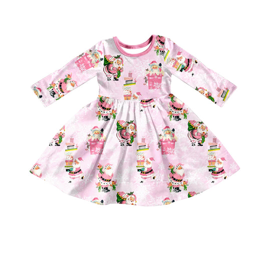 (Pre-order) GLD0354 Pink Santa print girls knee length Christmas dress