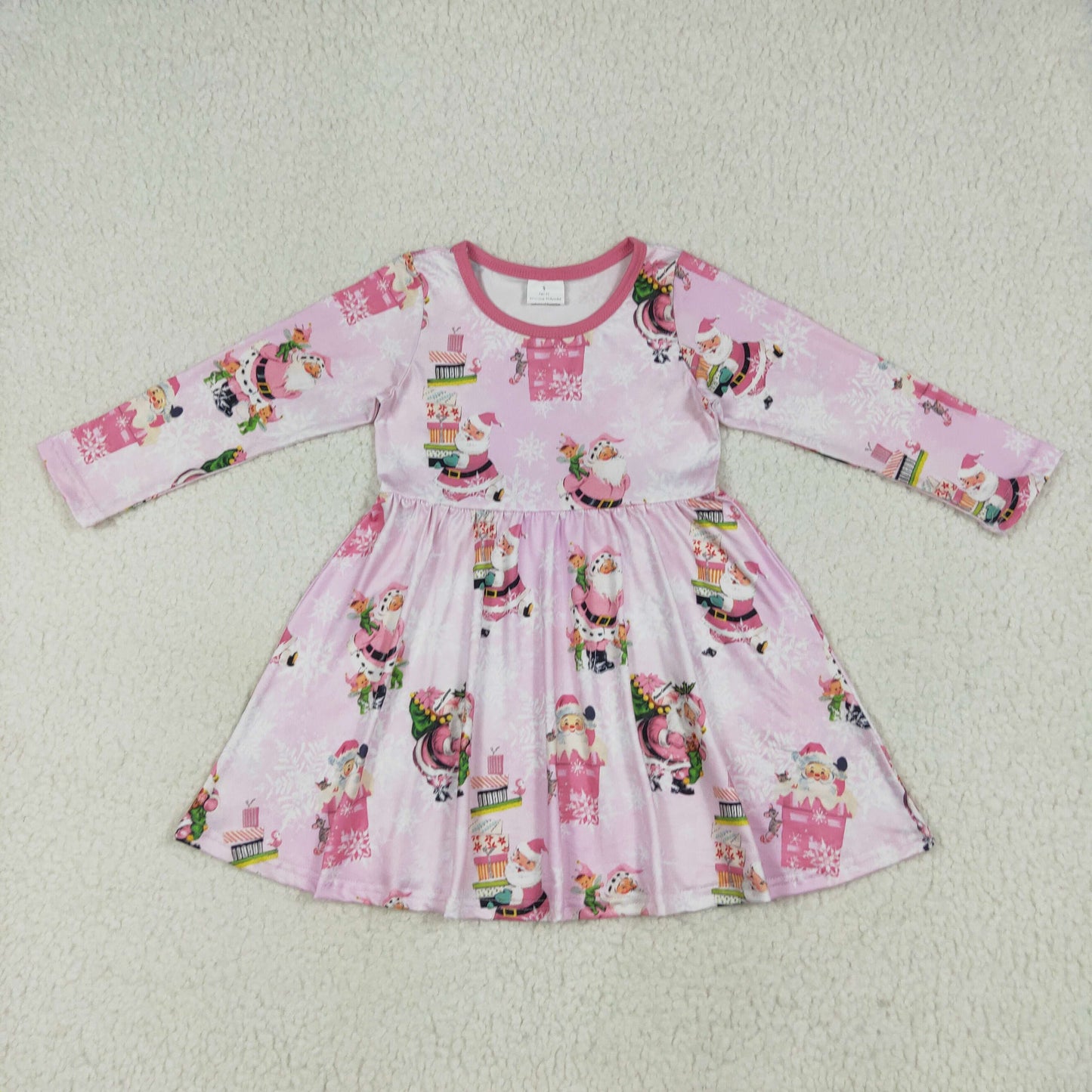 GLD0354 Pink Santa Print Girls Christmas Knee Length Dress