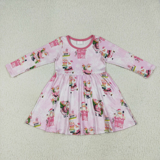 GLD0354 Pink Santa Print Girls Christmas Knee Length Dress