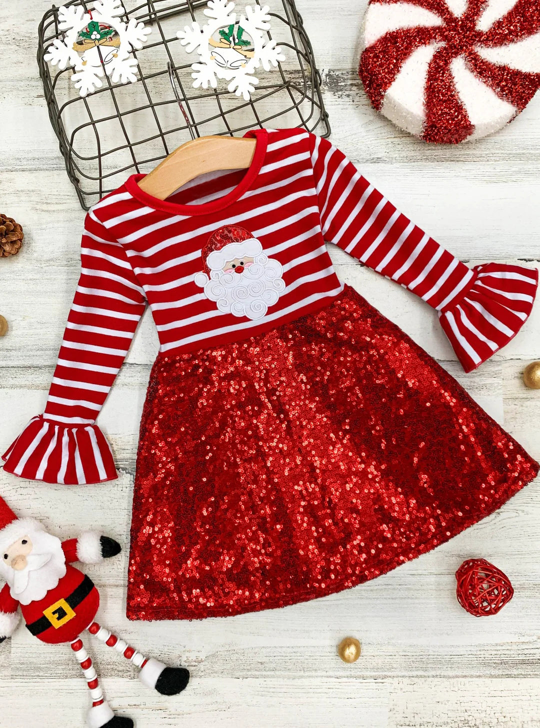 GLD0371 Red stripes Santa sequin knee length Christmas dress