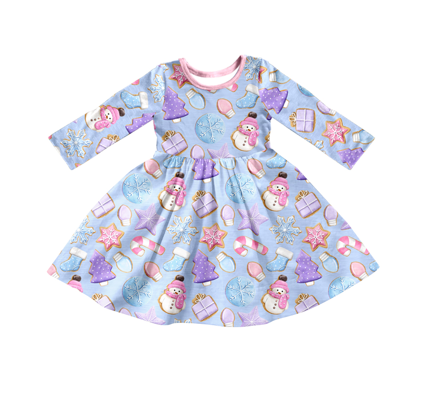 (Pre-order) GLD0383 Blue Snowman Candy Cane Print Girls Christmas Knee Length Dress