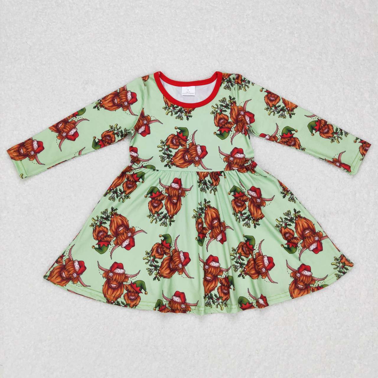 GLD0387 Green Highland Cow Christmas Print Knee Length Dress