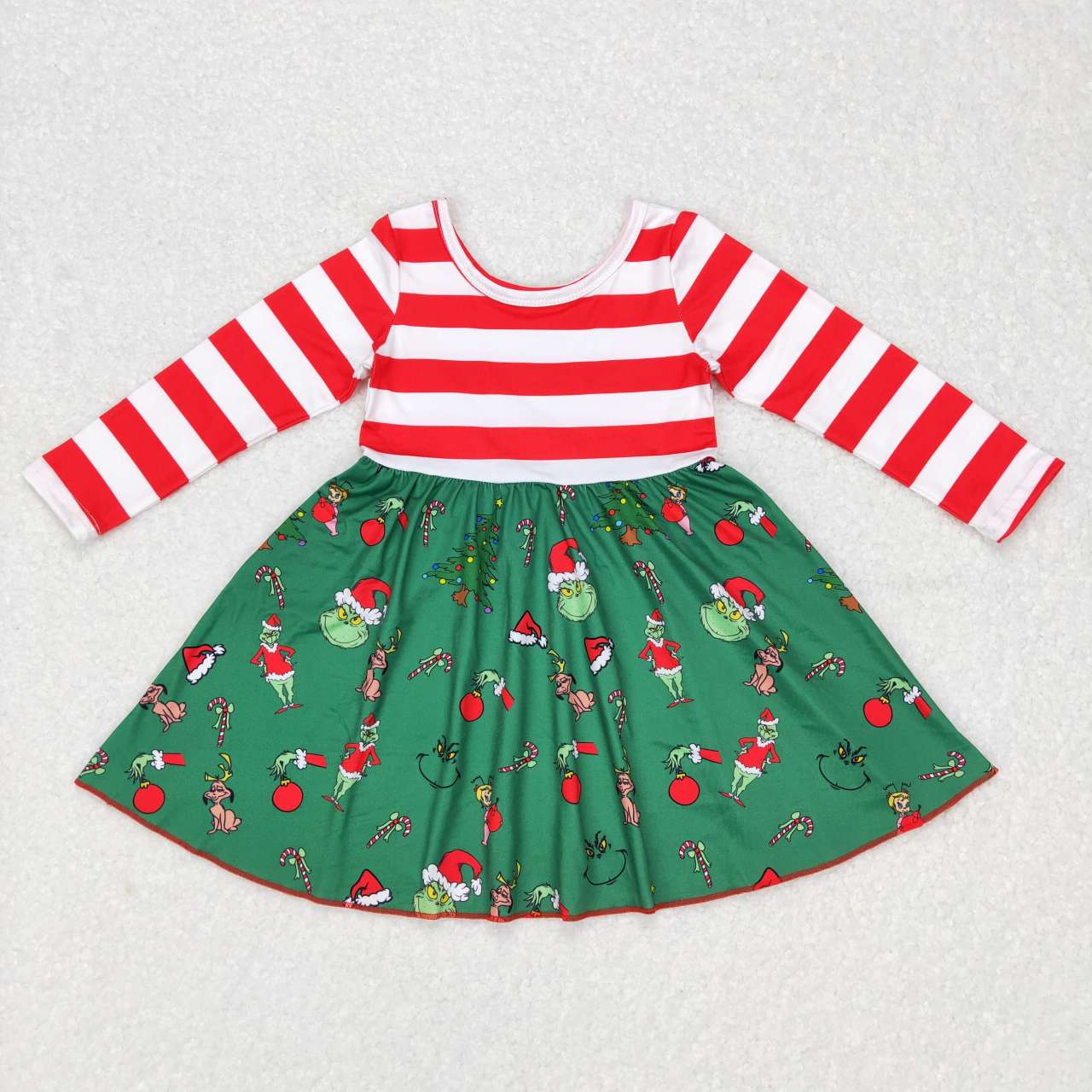 GLD0390 Red Stripes Top Christmas Green Frog Print Knee Length Dress