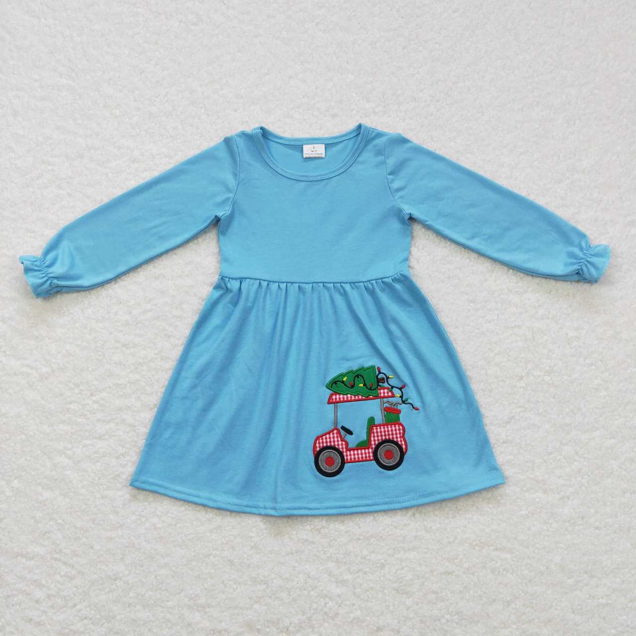 GLD0391 Blue Golf Cart With Christmas Tree Embroidery Print Knee Length Dress