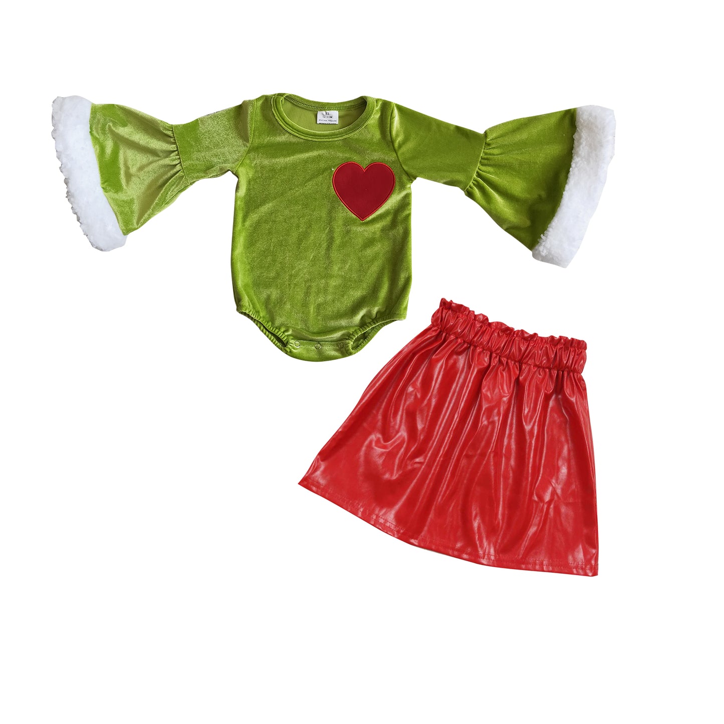 GLD0392 Baby Girls Green Heart Leotards Tops Red Pleather Skirts Clothes Sets