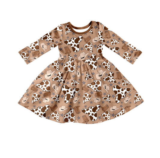 (Pre-order) GLD0394 Brown Cow Print Girls Knee Length Dress