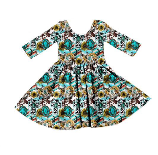 (Pre-order) GLD0395 Turquoise sunflowers print Girls Knee Length Dress