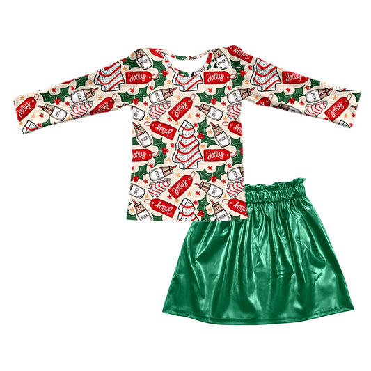 (Pre-order)GLD0396 Christmas little debbie cakes top green skirts Girls Clothes Set