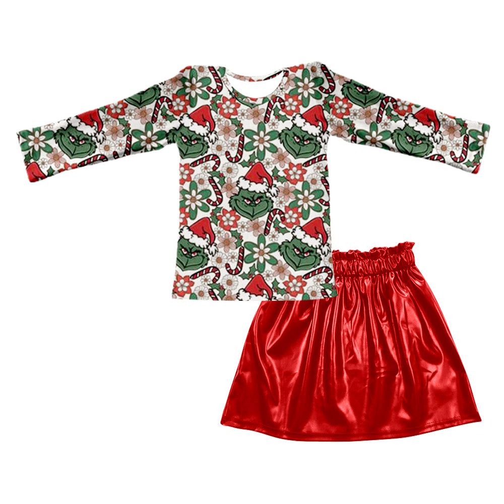 GLD0397 Christmas green frog top red skirts Girls Clothes Set