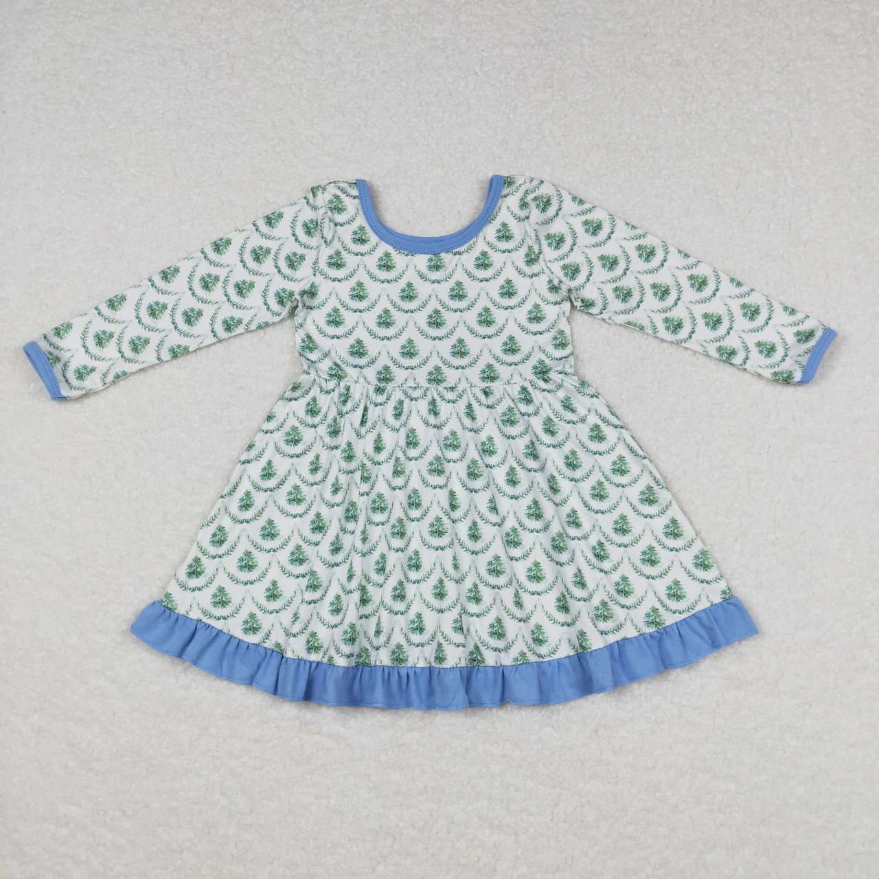 GLD0403 Green Christmas Tree Print Girls Knee Length Dress