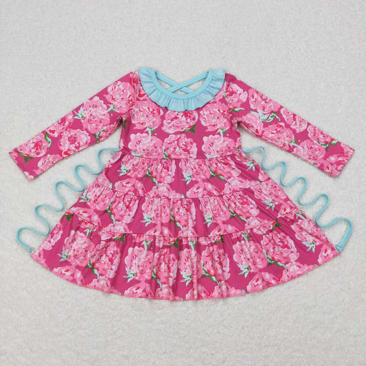 GLD0407 Hot Pink Flowers Print Girls Knee Length Dress