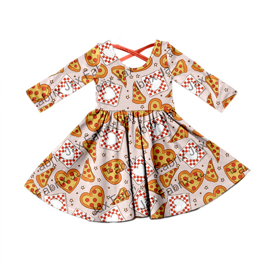 (Pre-order) GLD0408 Heart Pizza Print Girls Knee Length Dress