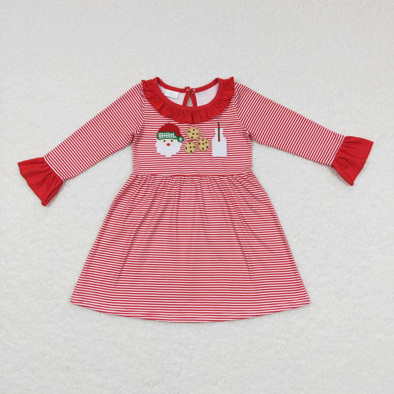 GLD0411 Santa Cookie Milk Embroidery Red Stripes Print Girls Christmas Knee Length Dress