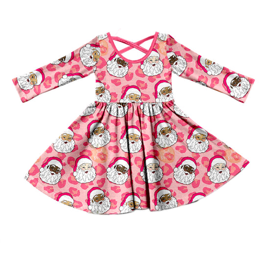 (Pre-order) GLD0413 Pink Leopard Santa Girls Christmas Knee Length Dress