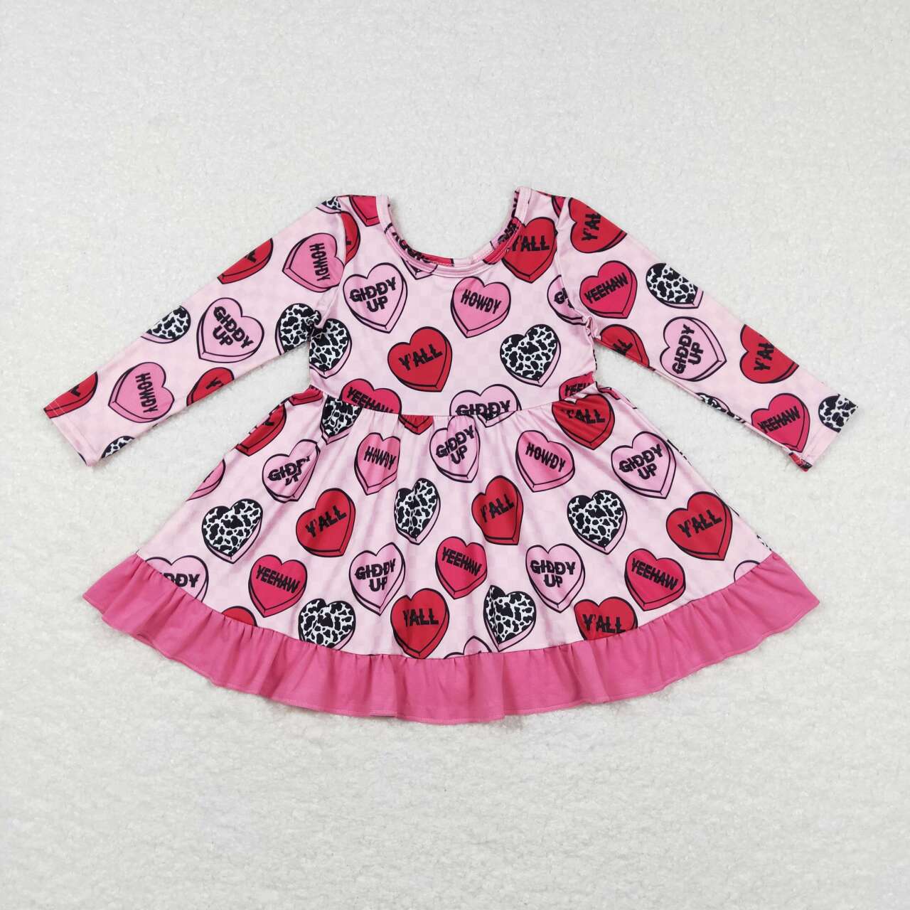 GLD0422 Pink Heart Print Girls Valentine's Day Knee Length Dress