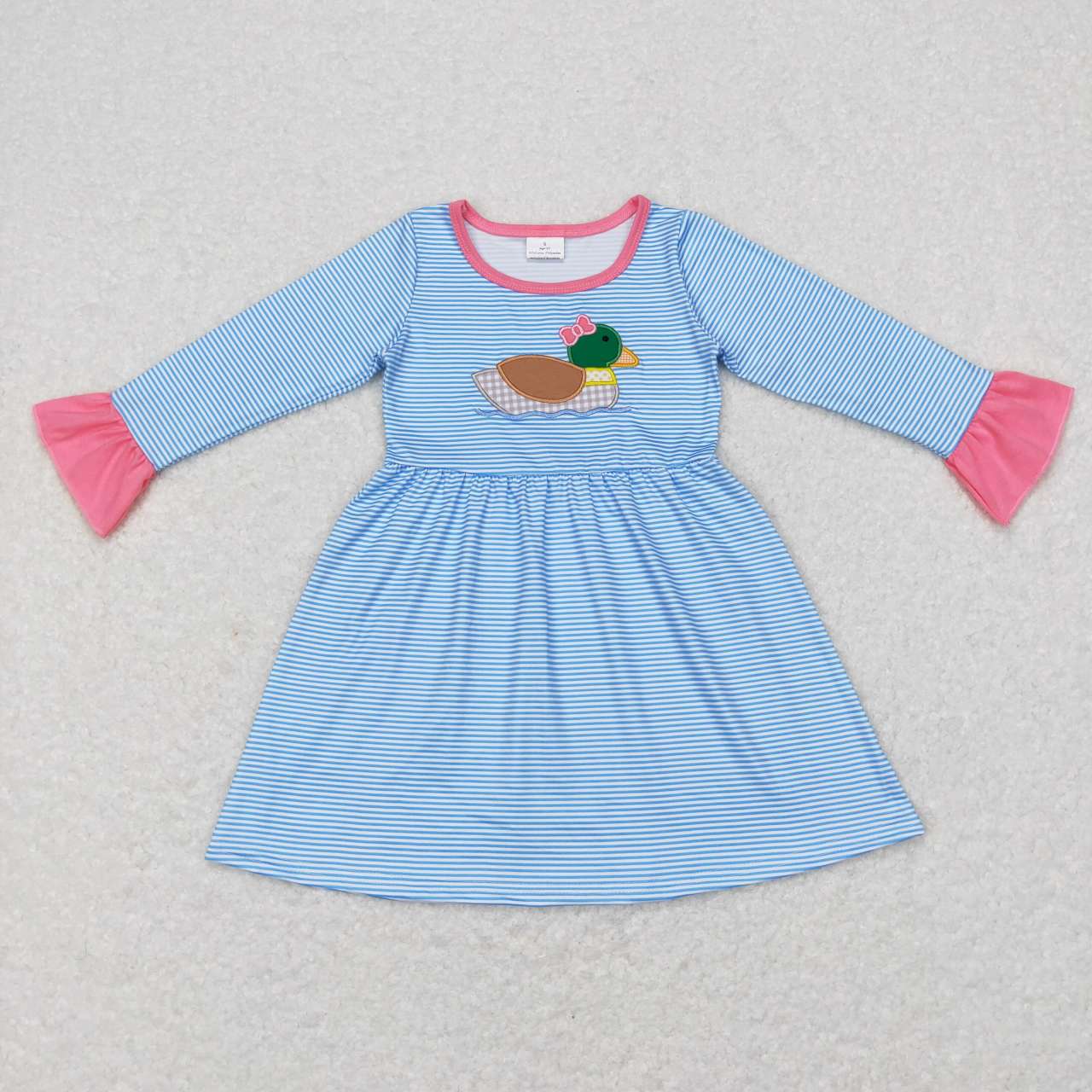 GLD0426 Blue Stripes Duck Embroidery Print Girls Knee Length Dress