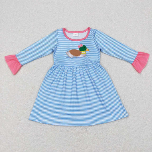 GLD0426 Blue Stripes Duck Embroidery Print Girls Knee Length Dress