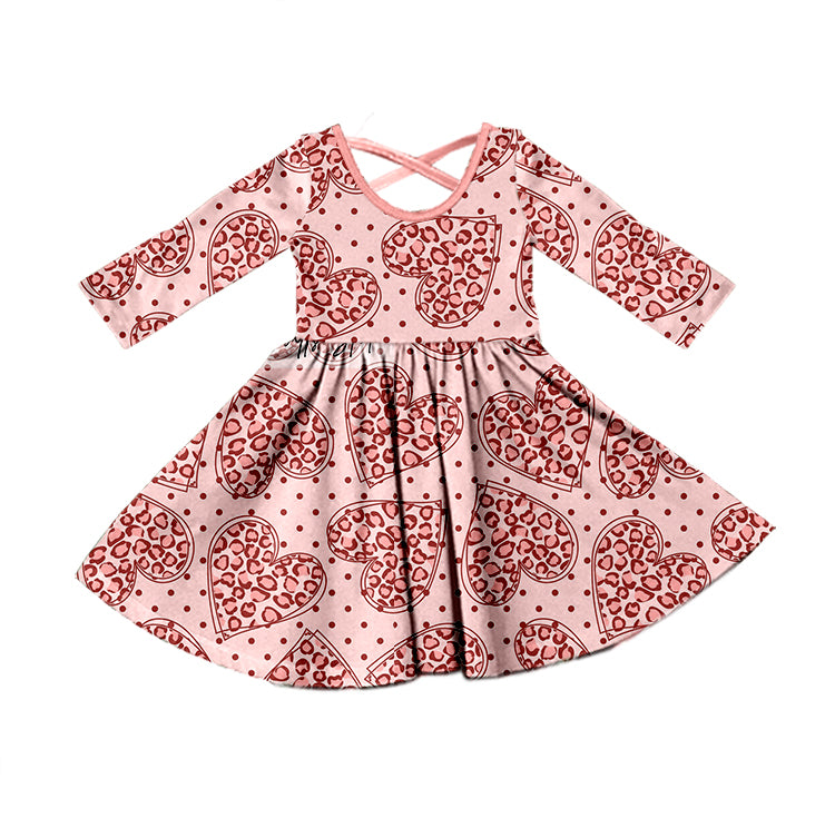 (Pre-order) GLD0430Pink Heart Leopard Print Girls Knee Length Dress