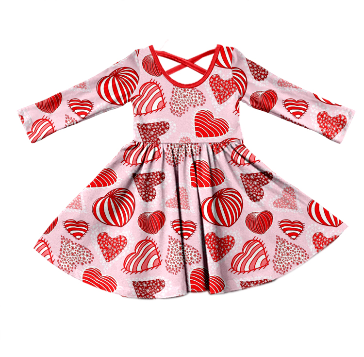 (Pre-order) GLD0435 Pink Heart Print Girls Knee Length Valentine's Day Dress