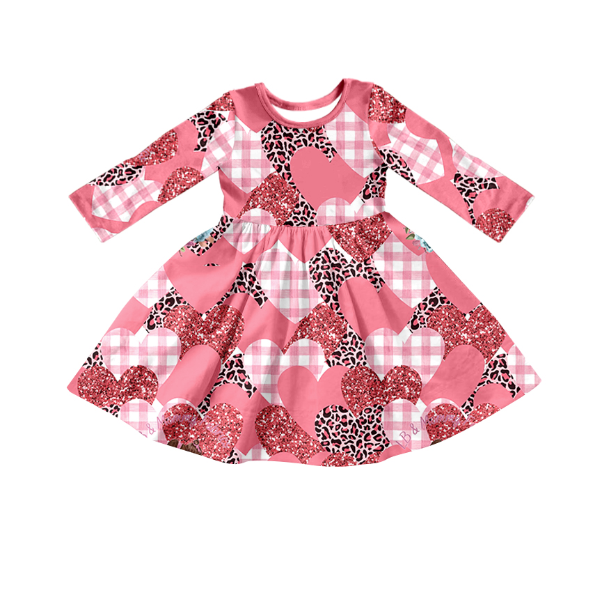 (Pre-order) GLD0436 Pink Leopard Heart Print Girls Knee Length Valentine's Day Dress