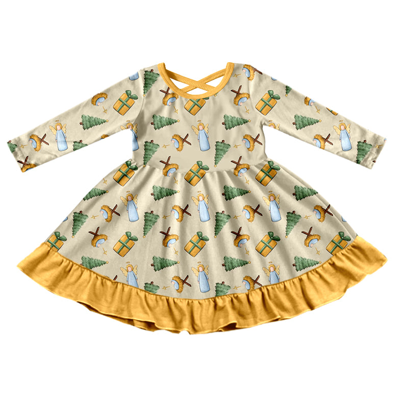 (Pre-order) GLD0438 Yellow Nativity Print Girls Knee Length Dress