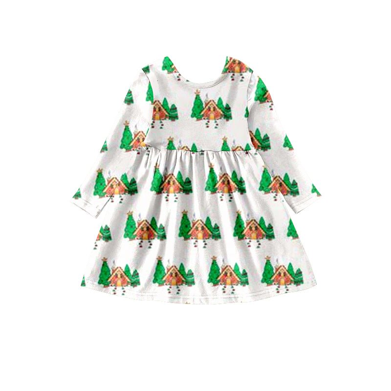 (Pre-order) GLD0444 Christmas Tree Sweethouse Print Girls Knee Length Dress