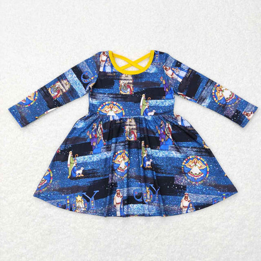GLD0446 Navy Nativity Print Girls Knee Length Dress