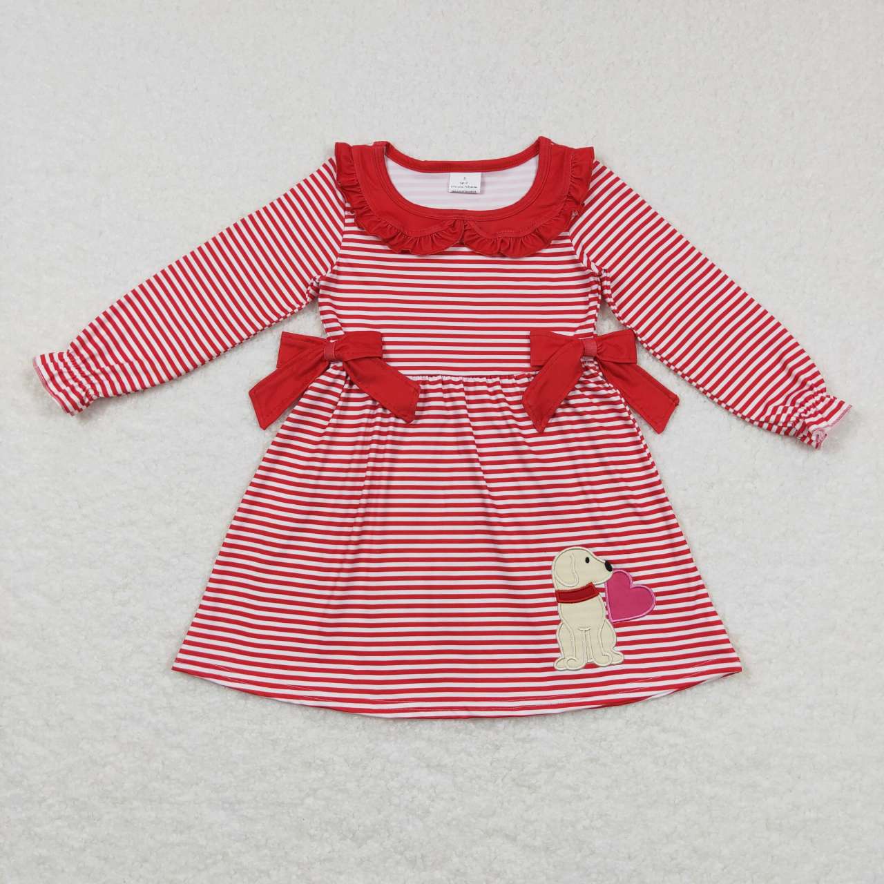 GLD0448 Red Stripes Dog Heart Embroidery Print Girls Valentine's Day Knee Length Dress