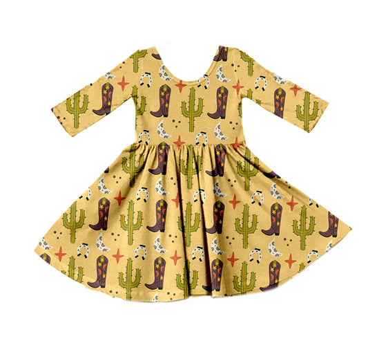 (Pre-order) GLD0449 Boots Cactus Print Girls Western Knee Length Dress