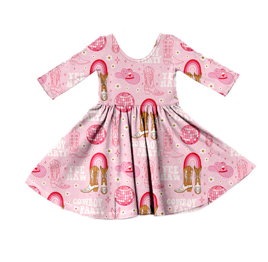 (Pre-order) GLD0450 Pink Cowboy Party Boots Print Girls Western Knee Length Dress