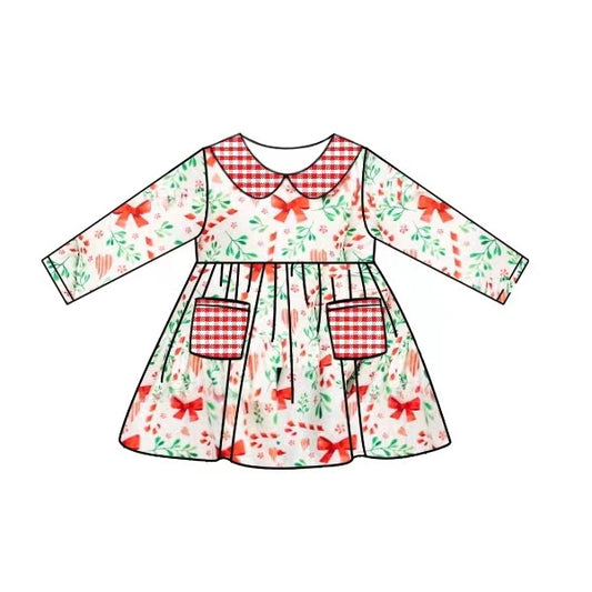 (Pre-order)GLD0453 Candy Cane Print Girls Christmas Knee Length Dress