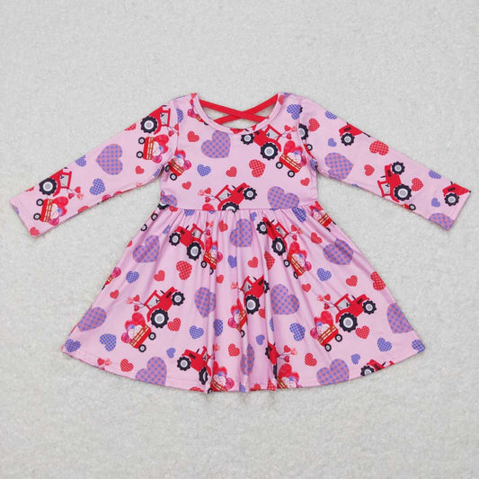 GLD0454 Pink Truck Heart Print Girls Valentine's Knee Length Dress