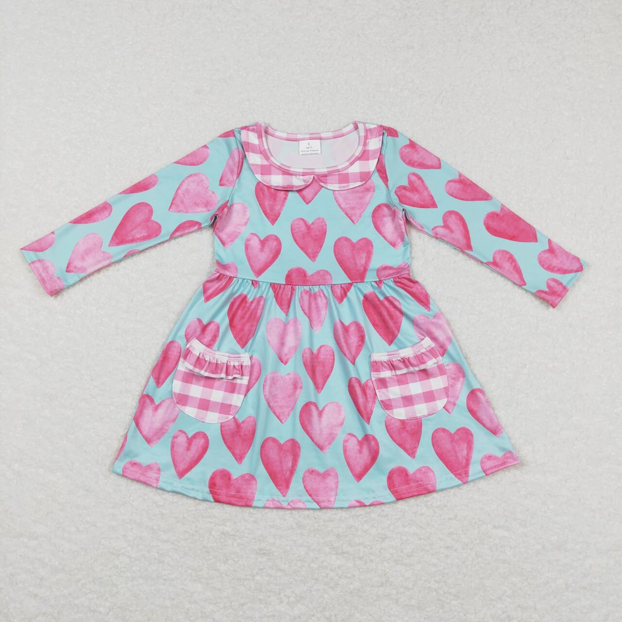 GLD0455 Heart Print Girls Valentine's Pockets Knee Length Dress