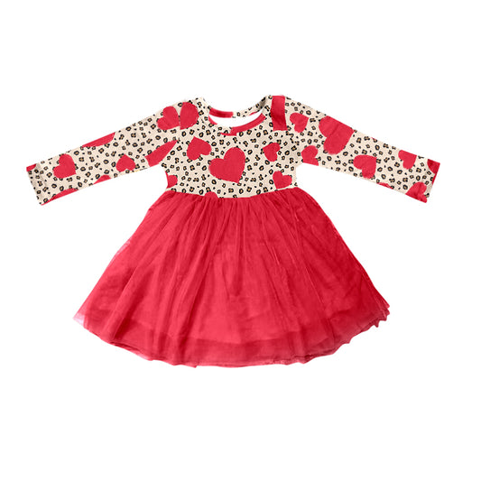 (Pre-order)GLD0456 Red Heart Leopard Print Girls Valentine's Day Knee Length Tulle Dress