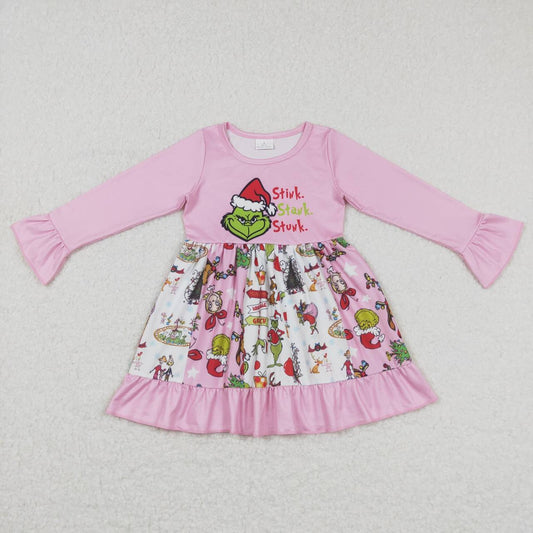 GLD0457 Pink Christmas Frog Face Print Girls Knee Length Dress