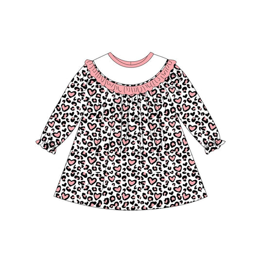 (Pre-order)GLD0466 Pink Leopard Heart Print Girls Knee Length Valentine's Dress