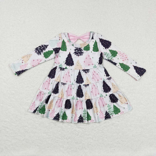 GLD0468 Christmas Tree Print Girls Knee Length Dress