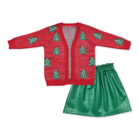 GLD0472 Red Christmas Tree Sweater Cardigan Top Green Pleather Skirts Girls Clothes Set