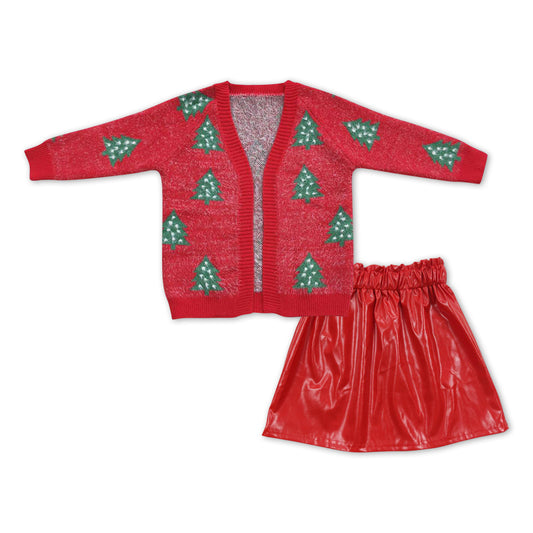 GLD0473 Red Christmas Tree Sweater Cardigan Top Red Pleather Skirts Girls Clothes Set