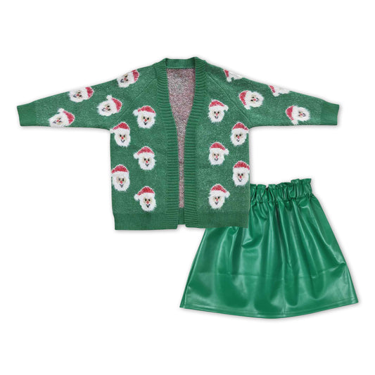 GLD0474 Green Christmas Santa Sweater Cardigan Top Green Pleather Skirts Girls Clothes Set