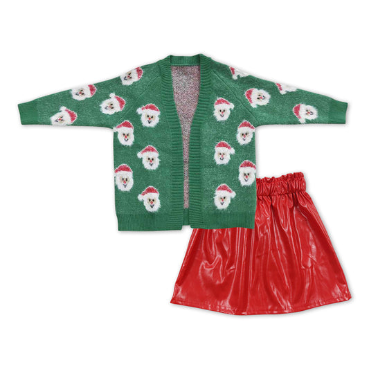GLD0475 Green Christmas Santa Sweater Cardigan Top Red Pleather Skirts Girls Clothes Set