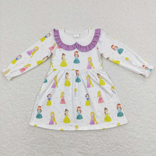 GLD0478 Cartoon Princess Print Girls Knee Length Dress