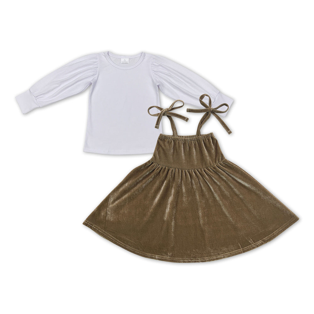 GLD0480 White Cotton Top Velvet Skirts Girls Fall Clothing Sets