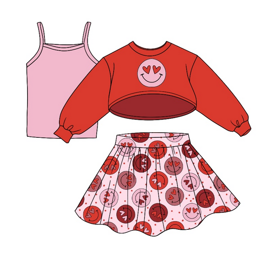 (Pre-order)GLD0482  Smiling Face Heart Girls Valentine's 3 Pieces Clothes Set