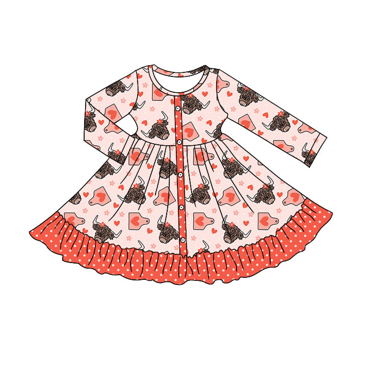 (Pre-order)GLD0485 Highland Cow Tag Heart Print Girls Knee Length Valentine's Dress