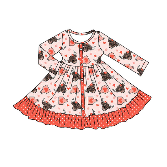 (Pre-order)GLD0485 Highland Cow Tag Heart Print Girls Knee Length Valentine's Dress