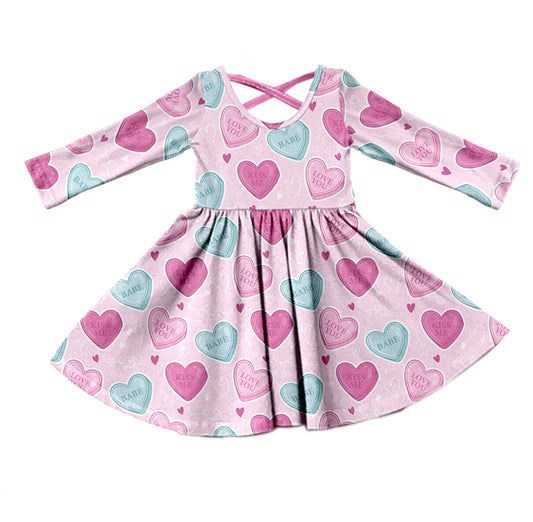 (Pre-order)GLD0488 Pink Heart Print Girls Valentine's Knee Length Dress