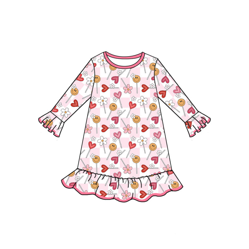 (Pre-order)GLD0496 Heart Flowers Smiling Lollipop Print Girls Valentine's Dress