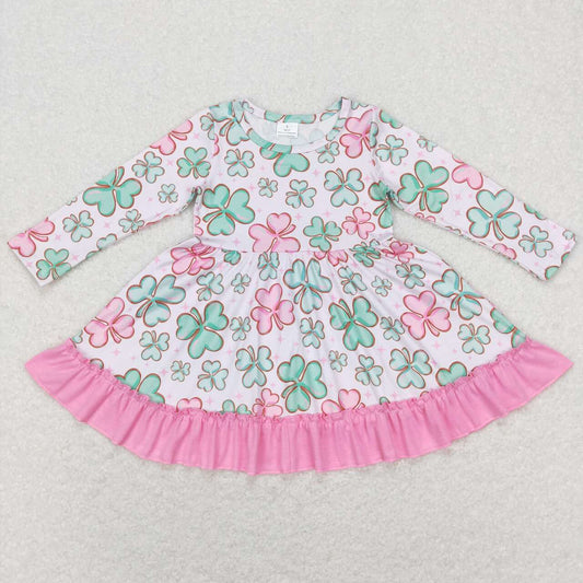 GLD0503 Pink Green Quatrefoil Print Girls St. Patrick's Dress